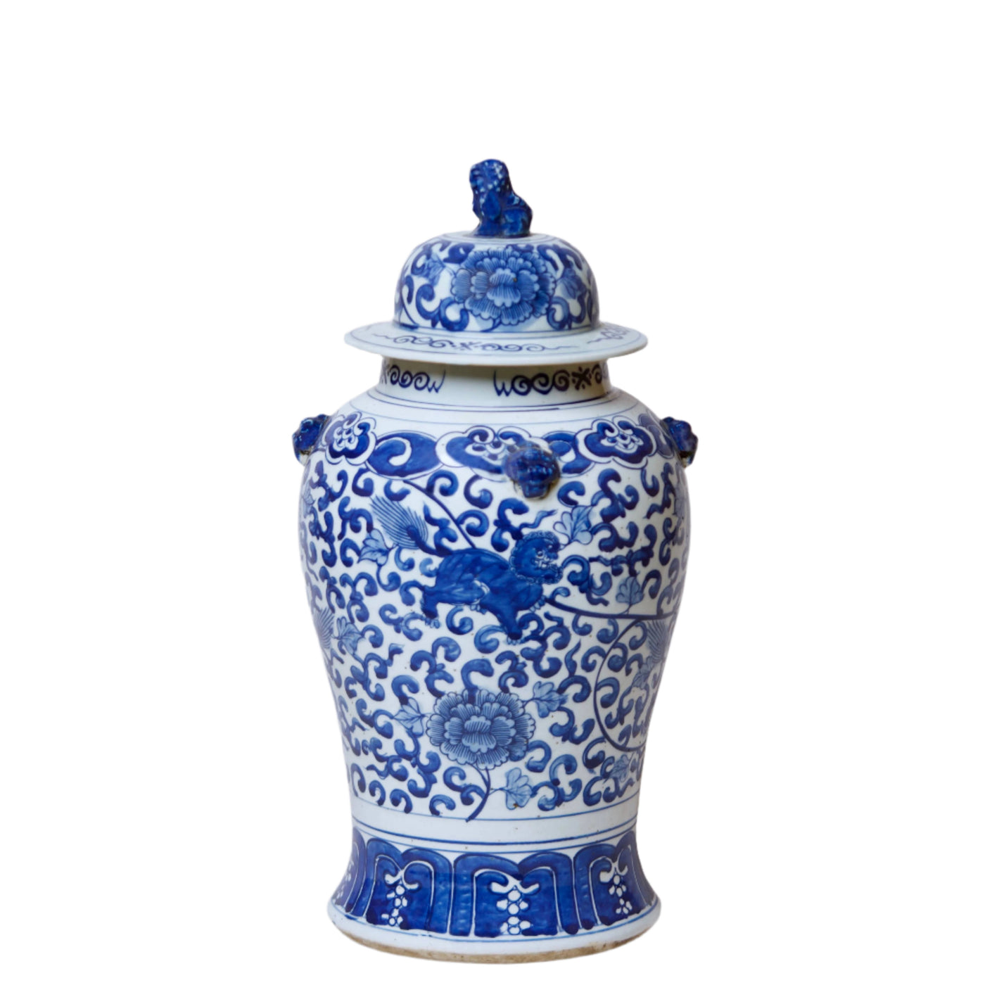 Lions Blue & White Porcelain Temple Jar