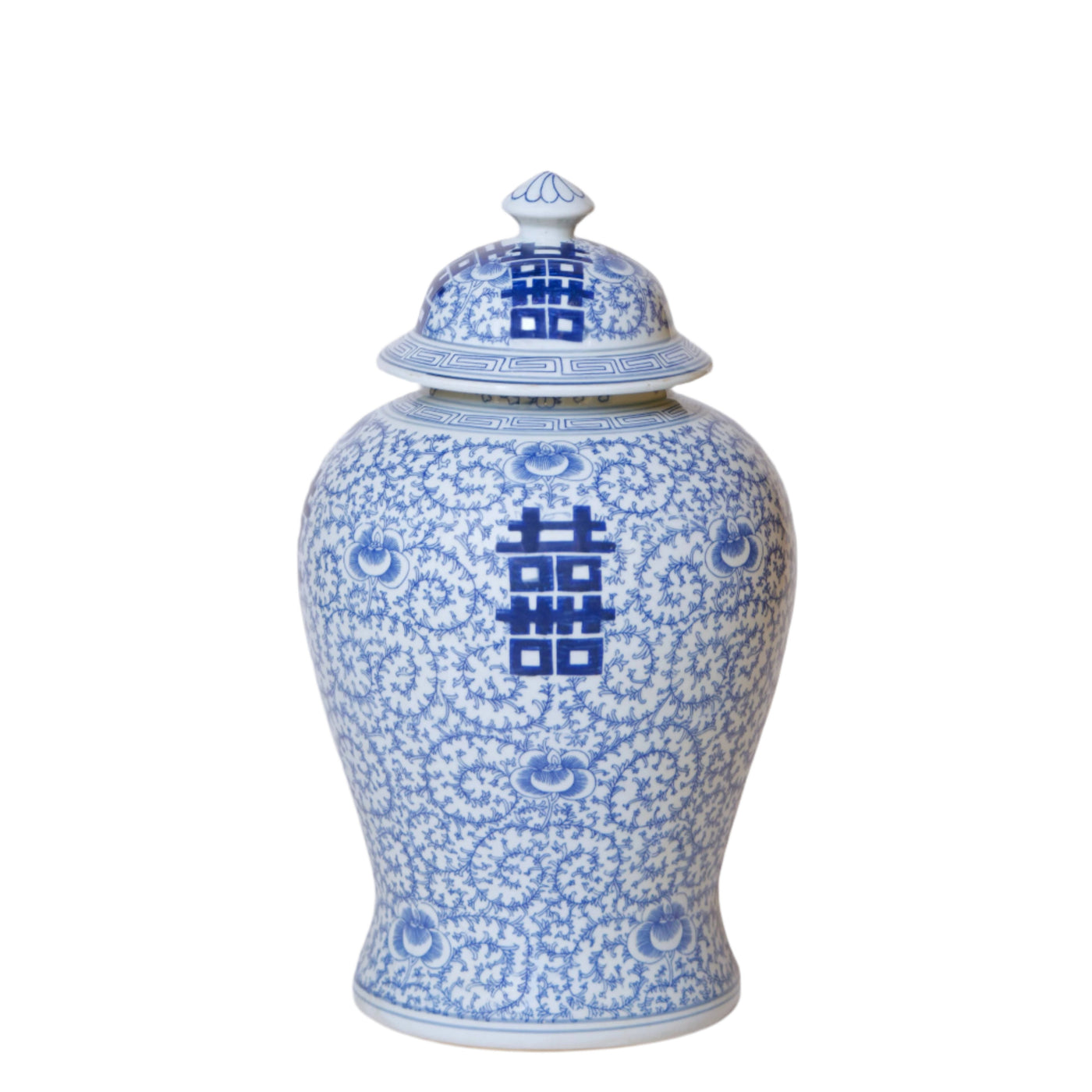 Double Happiness/Scrolling Peony Blue and White Temple Jar